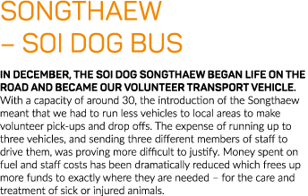 Songthaew   Soi Dog bus In December, the Soi Dog Songthaew began life on the road and became our volunteer transport    