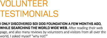 Volunteer Testimonials I only discovered Soi Dog Foundation a few months ago, while searching the world wide web  Aft   
