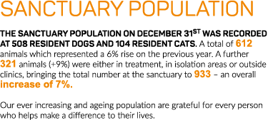 SANCTUARY POPULATION The sanctuary population on December 31st was recorded at 508 resident dogs and 104 resident cat   