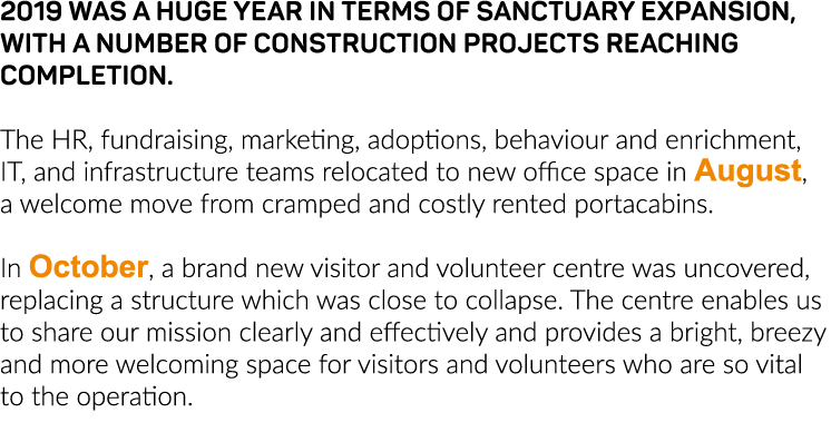 2019 was a huge year in terms of sanctuary expansion, with a number of construction projects reaching completion  The   
